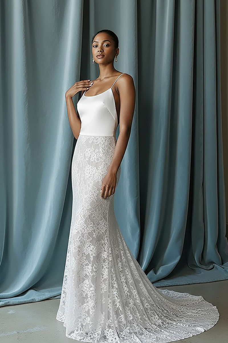 Column silhouette wedding dress in lace over silk